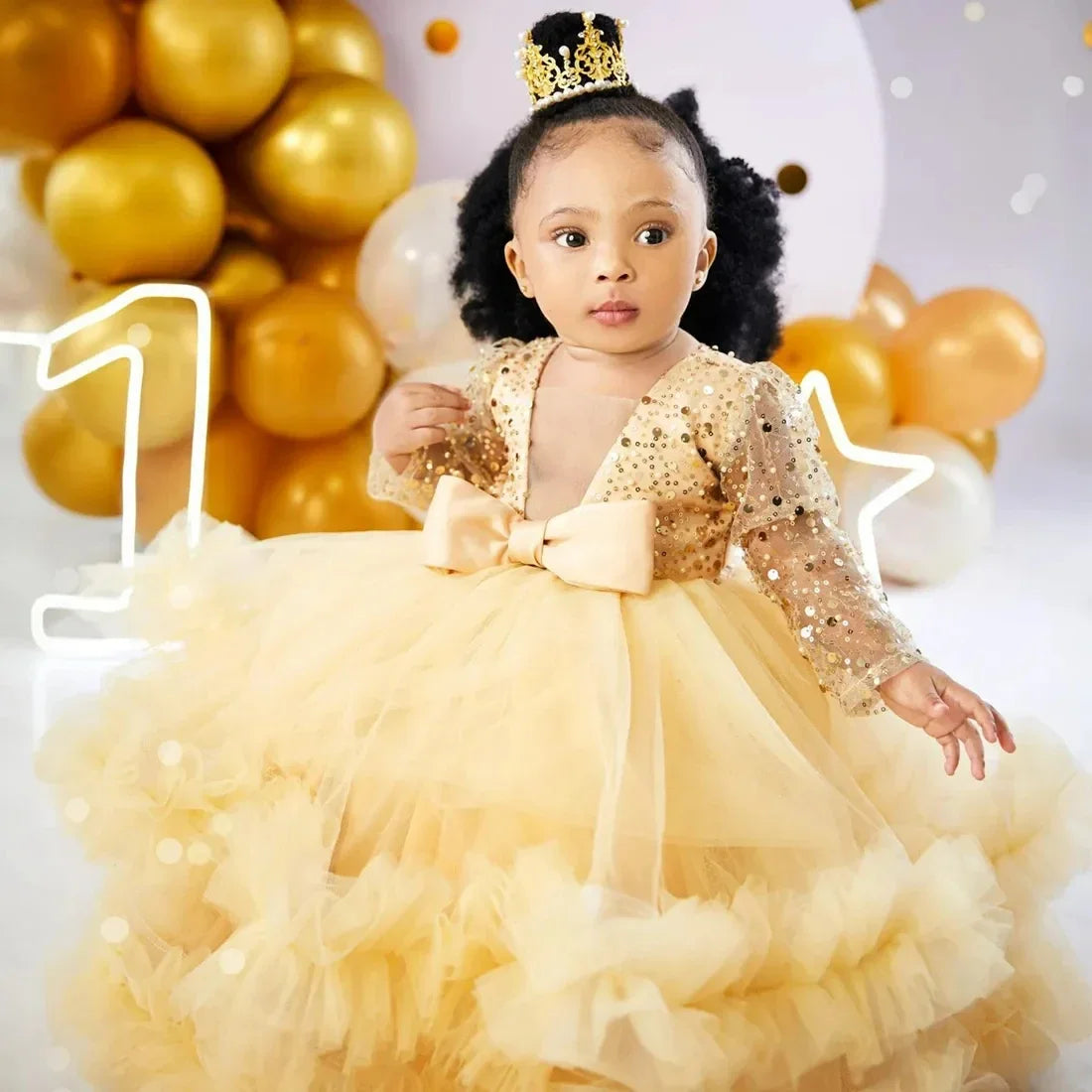 Baby girl flower girl dress by Showlu Fashion with sequins, full sleeves, floor-length, perfect for weddings and special photoshoots.