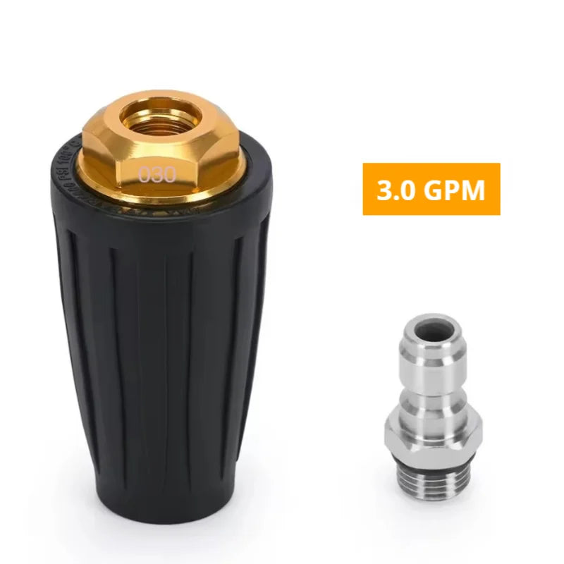 Showlu Smart General turbine rotating turbo nozzle attached to a garden hose, designed for high-pressure water cleaning.