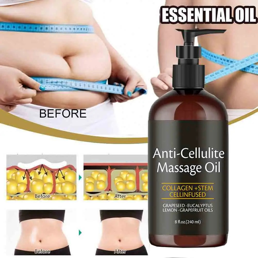 Showlu Anti-Cellulite Massage Oil with collagen and stem cells for skin tightening, shown in a sleek bottle on a white background.