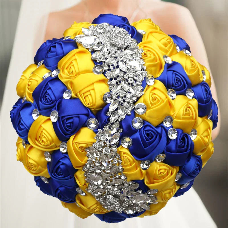 Navy silk rose wedding bouquet with artificial flowers, 20cm size, showcased with detailed navy silk roses and greenery.