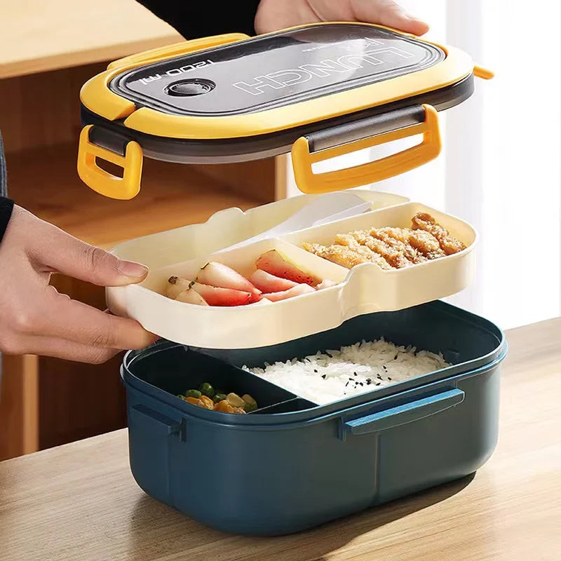 Showlu Fashion Store 1200ML kids bento lunch box, 2-layer microwave food container with spoon and fork, leakproof and portable.