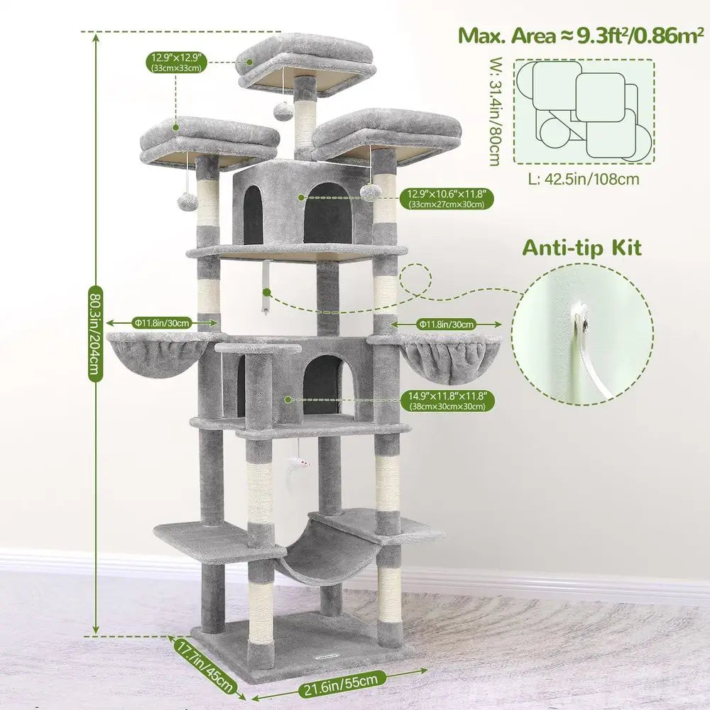 Showlu 80-inch XXL Cat Tower with multiple levels and three perches, designed for climbing and lounging for cats.