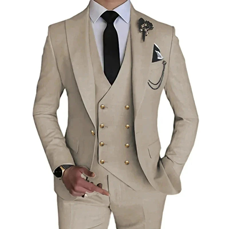 Men's black 3-piece slim fit wedding suit by SHOWLU FASHION STORE, featuring single-breasted jacket, vest, and matching trousers.