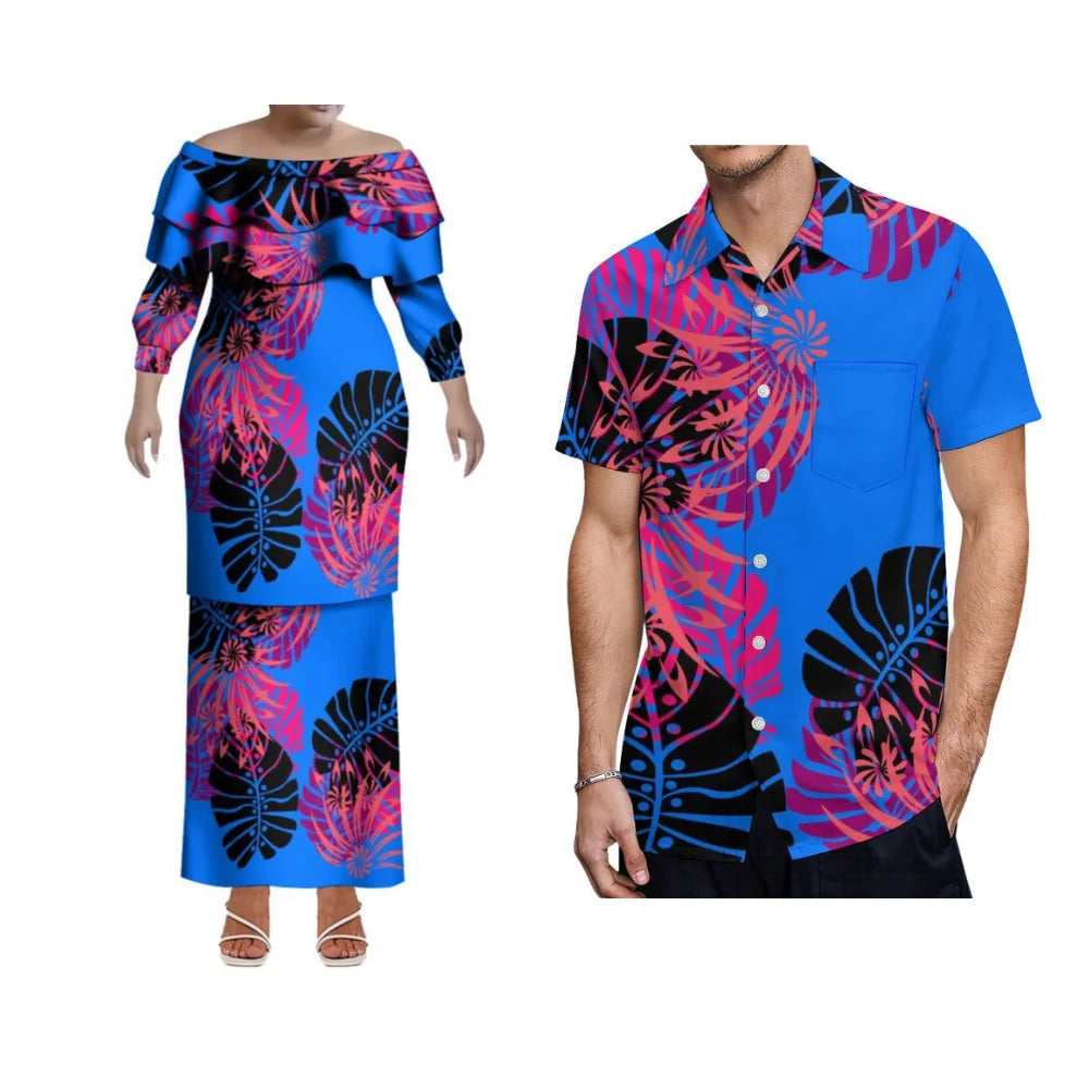Soft summer Hawaiian Polynesian Samoa dress with ruffle collar and fishtail design, perfect for garden parties and evening events.