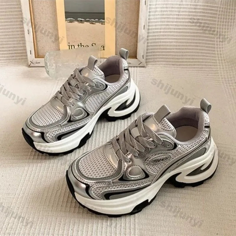 Showlu Fashion women's chunky sneakers with breathable mesh, lightweight outdoor casual sports shoes, non-slip soles, vulcanized design.