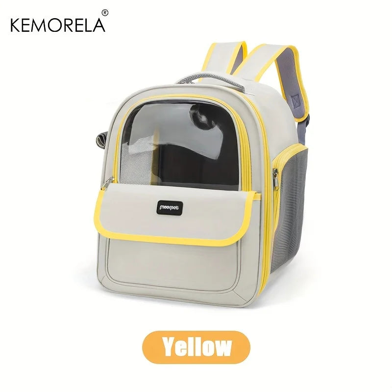 Large mesh pet carrier backpack for cats and medium dogs by KEMORELA, featuring breathable mesh sides and adjustable straps.