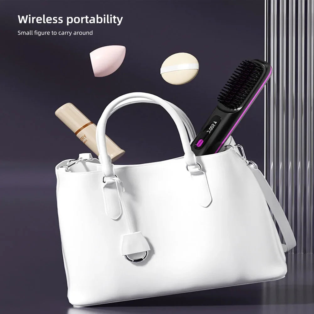 Showlu Smart wireless ionic hair straightener brush in black, with anti-frizz ceramic plates for sleek, smooth hair styling.