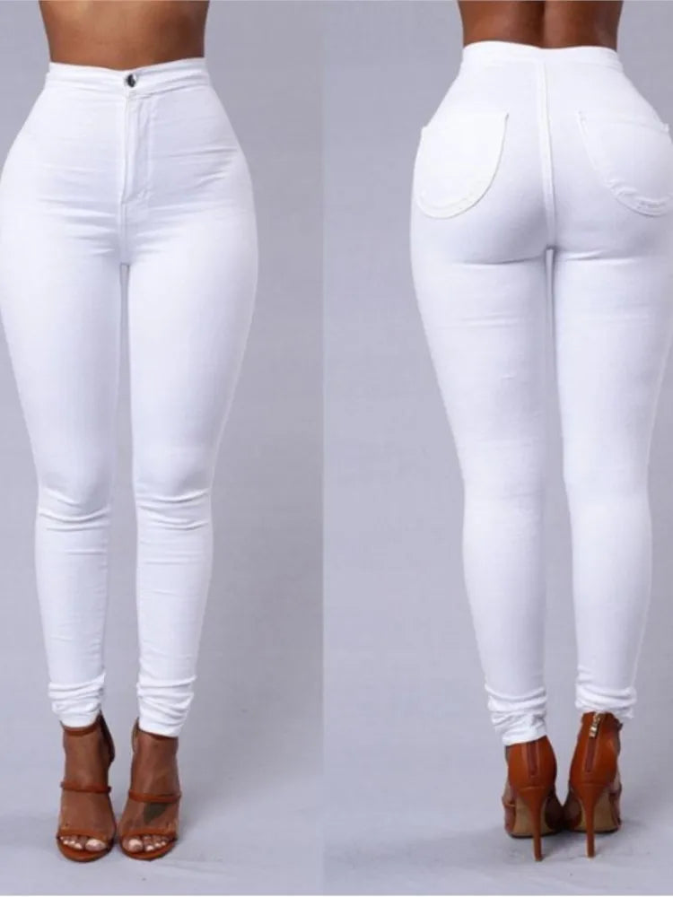 White and black high-waist skinny jeans for women, casual vintage denim pants, long pencil style, from Showlu Fashion Store