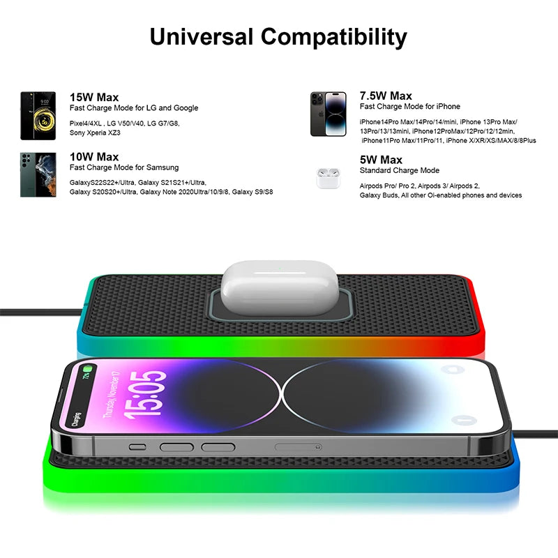 Showlu Smart General Brorikoy 15W Qi wireless car charger with silicone pad, mounted on dashboard for hands-free phone charging.