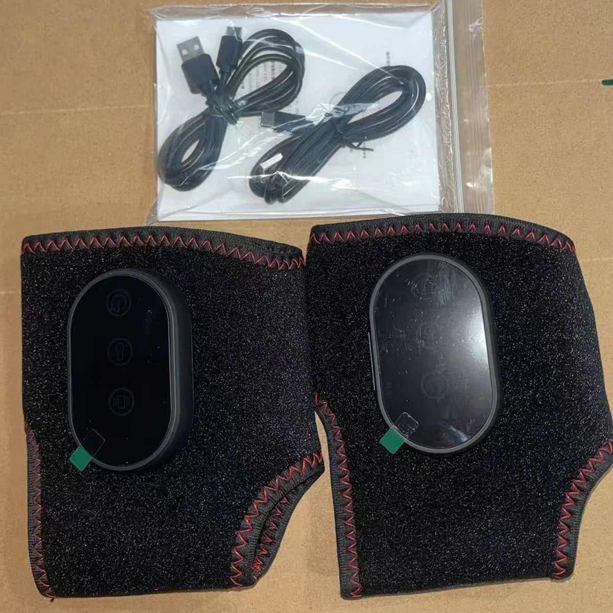 SHOWLU Rechargeable Ankle Massager with vibration and heat therapy, shown in black with adjustable straps and control buttons.
