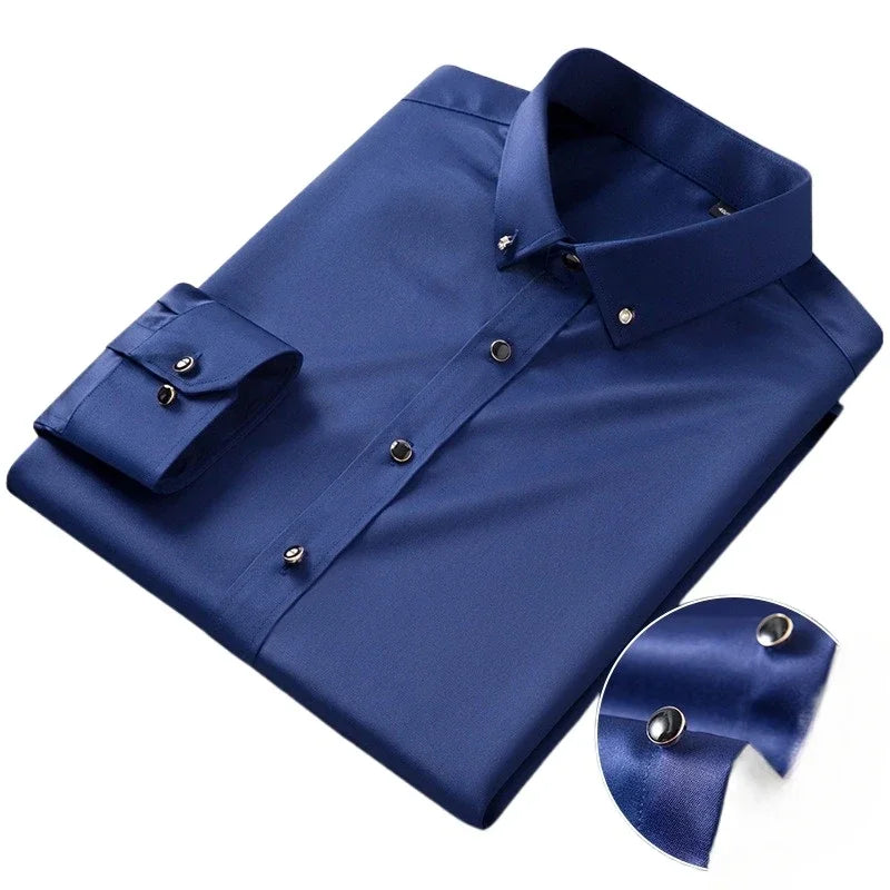 Men's long sleeve silk shirt by Showlu Fashion, featuring diamond buttons, anti-wrinkle, and soft, stretch, formal business style.