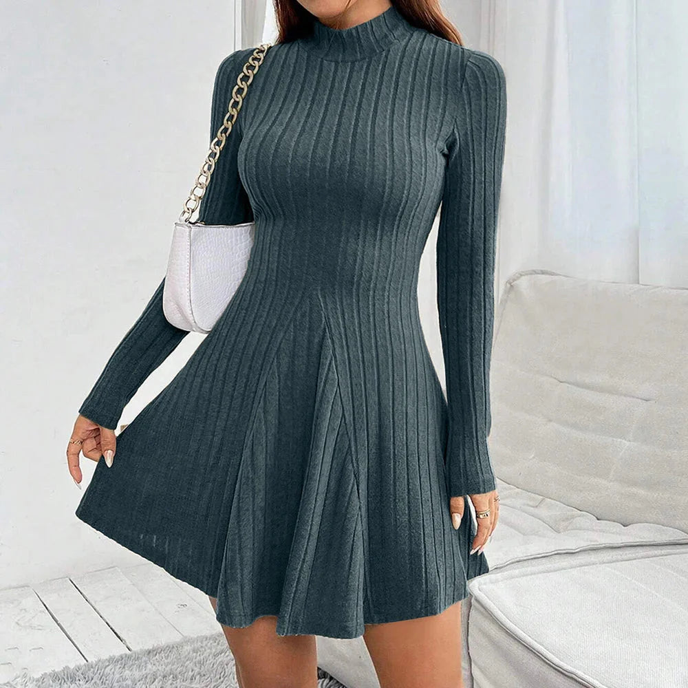 Mia Muse women's long sleeve mock neck A-line mini casual dress in black, featuring a fitted bodice and flared skirt.