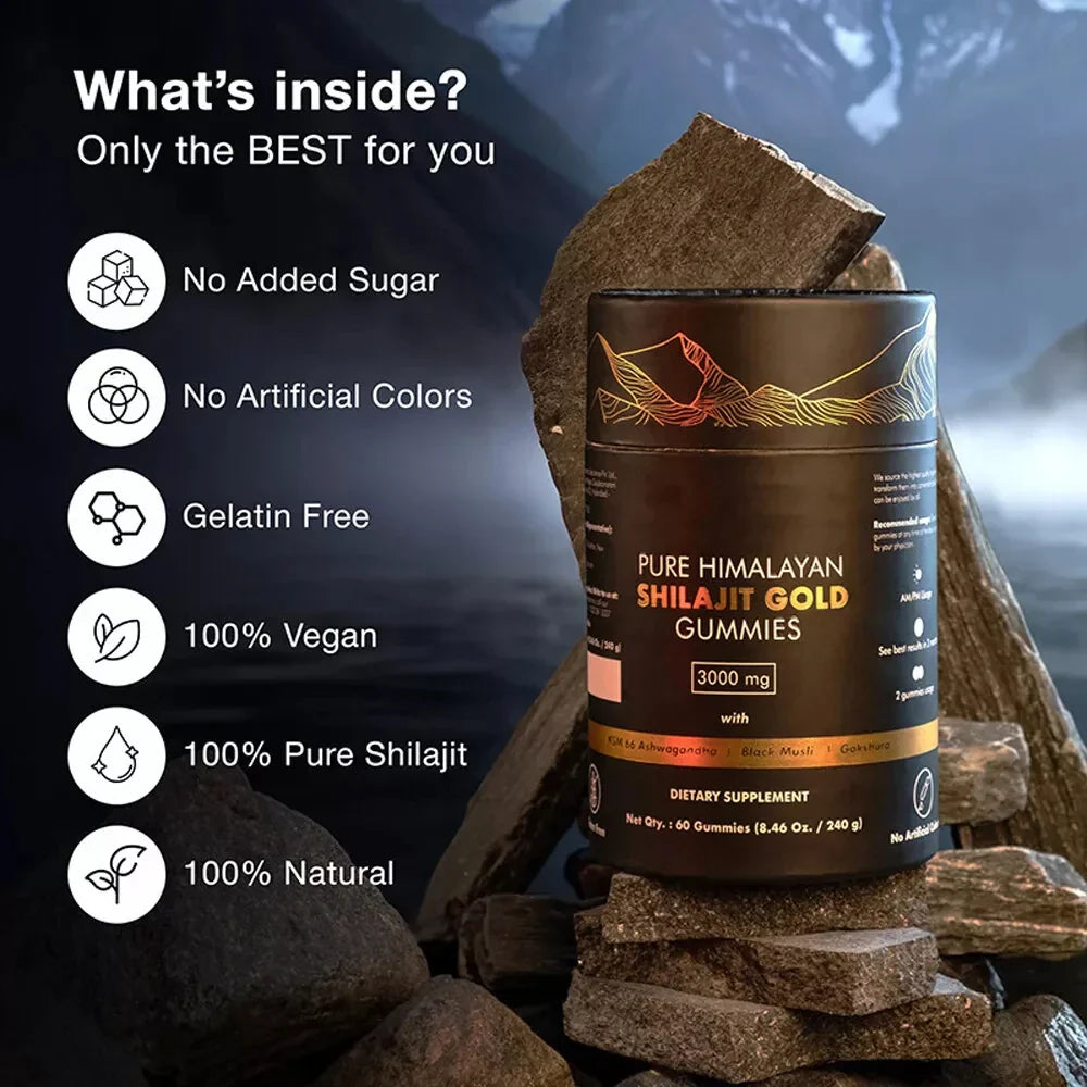 Bunkell Himalayan Shilajit Gummies 3000mg with Ashwagandha and Gokshura, showing the gummy supplement bottles and ingredients.