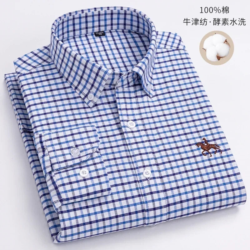White casual men's cotton Oxford shirt with long sleeves, embroidery horse design, regular fit, button-front, suitable for dress or casual wear