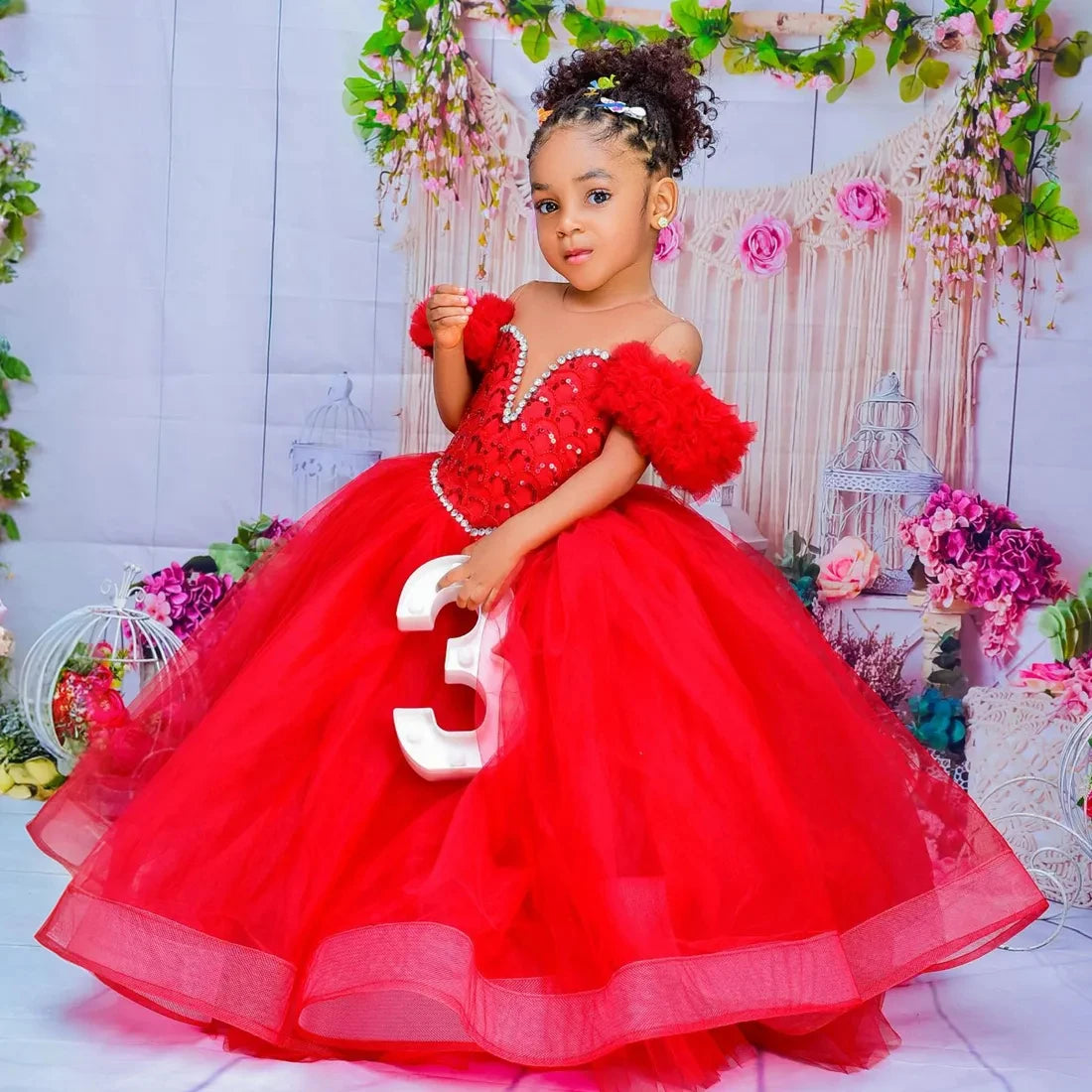 Red Kids Birthday Dresses For Girls Flower Girl Dresses Customized Pleated Ruffles Tiered Tulle Ball Gowns for Wedding
