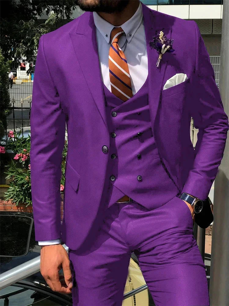 Dark blue SHOWLU men's 3-piece slim fit suit with cotton fabric, ideal for weddings and formal occasions.
