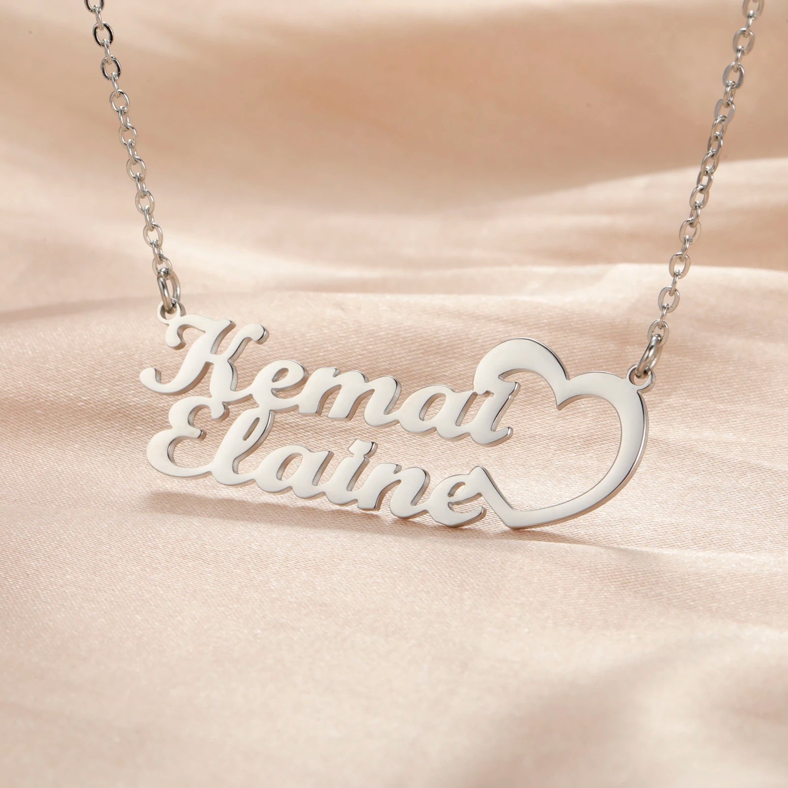 Showlu Custom Double Name Plate Necklace in 3D stainless steel with engraved names, stylish jewelry for personalized fashion.