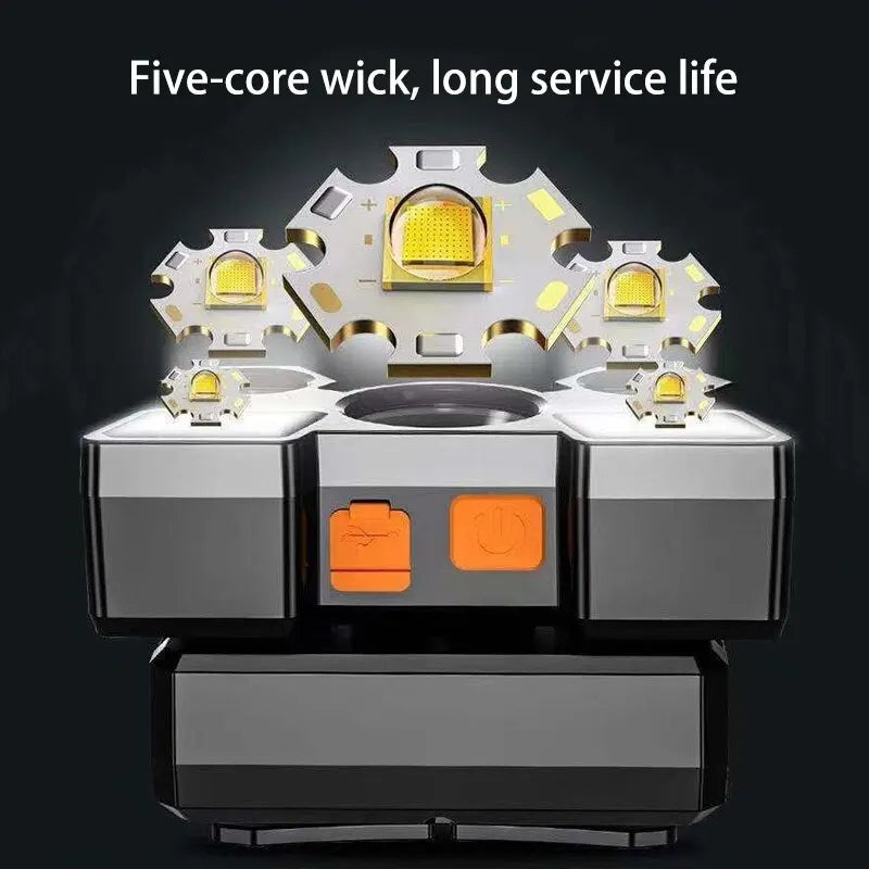 USB rechargeable Showlu Fashion Store 5-LED portable headlamp with built-in battery, ideal for camping, fishing, and outdoor work.
