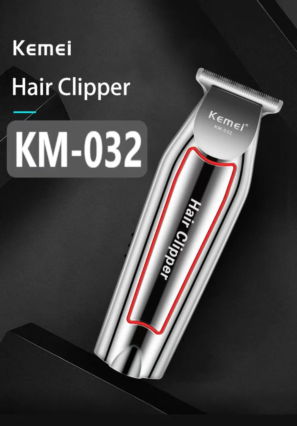 Rechargeable Kemei KM-032 hair trimmer with ergonomic design and adjustable blade for precise grooming.