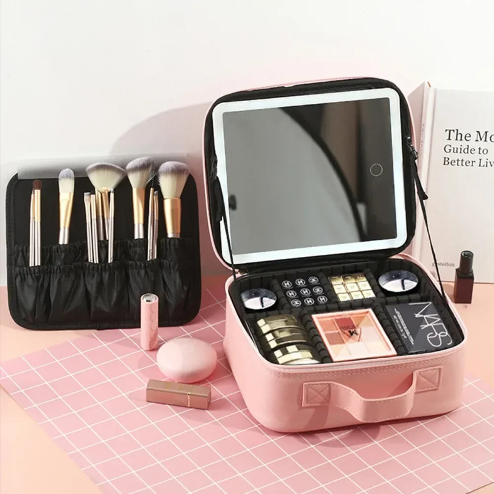 Showlu Fashion makeup organizer with mirror light, travel cosmetic case open showing compartments for beauty products and accessories.