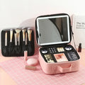 Showlu Fashion makeup organizer with mirror light, travel cosmetic case open showing compartments for beauty products and accessories.