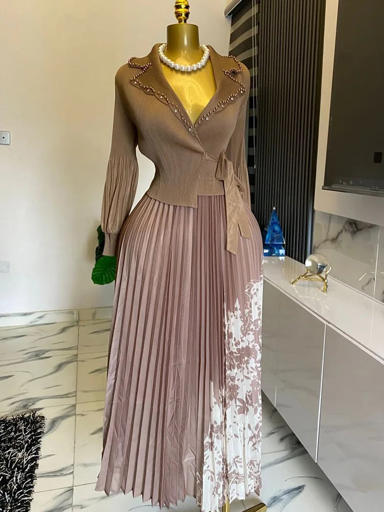 2025 Spring and Summer Vacation Two Pieces Miyake Pleated Printed Dress High-end Pleated Medium and Long Dress Women's Clothing