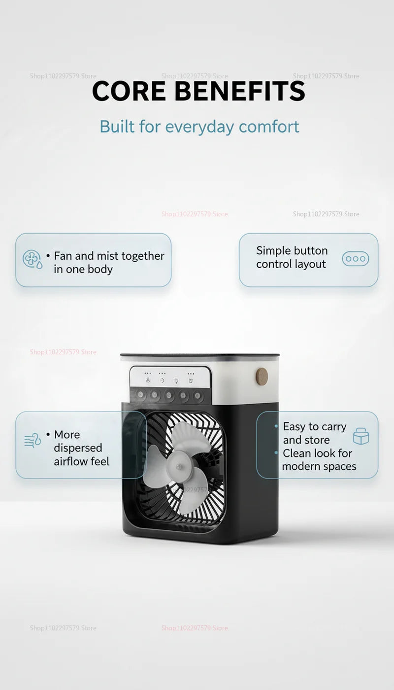 Showlu Smart General portable USB air cooler fan with 3-speed settings, mini water mist humidifier, LED desktop cooling fan.
