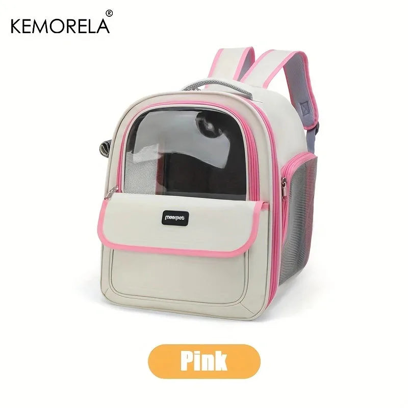 Large mesh pet carrier backpack for cats and medium dogs by KEMORELA, showing breathable mesh sides and sturdy straps for comfortable travel.
