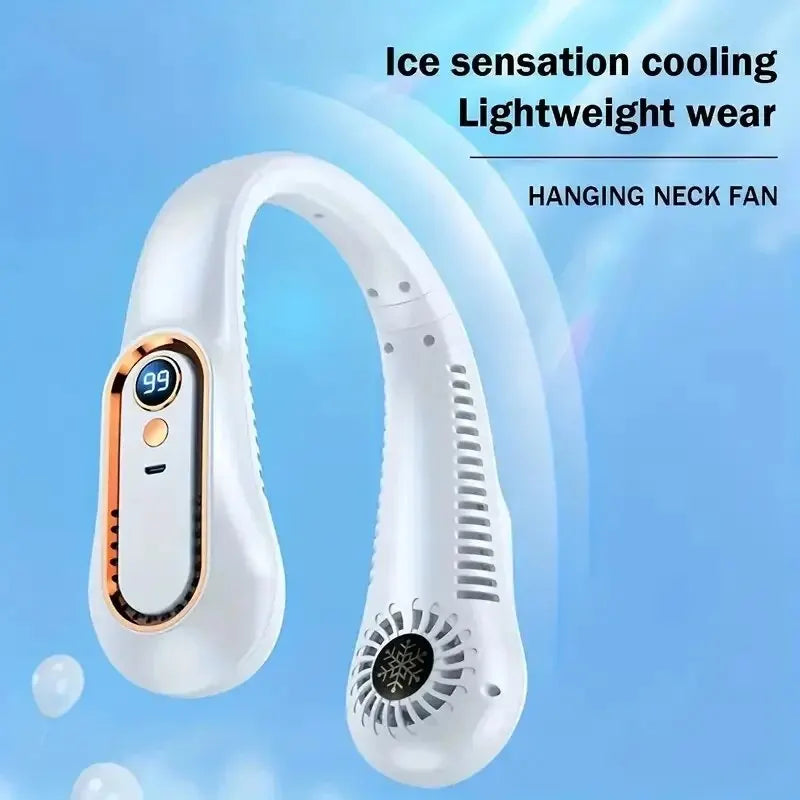 Showlu Smart portable neck fan with 5-speed settings, USB rechargeable, featuring a sleek design and 4000mAh battery.