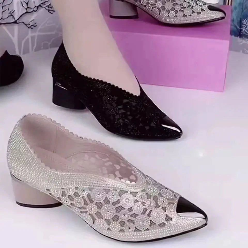 Black mesh pointed toe pumps with bow detail from DOGHC Women's fashion shoes, featuring a medium heel and elegant design