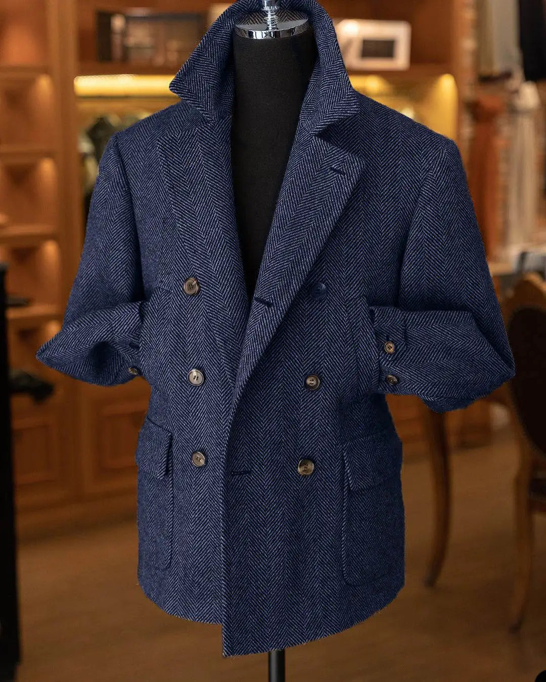 Men's double-breasted wool blend tailcoat in herringbone pattern, stylish formal suit by SHOWLU FASHION STORE