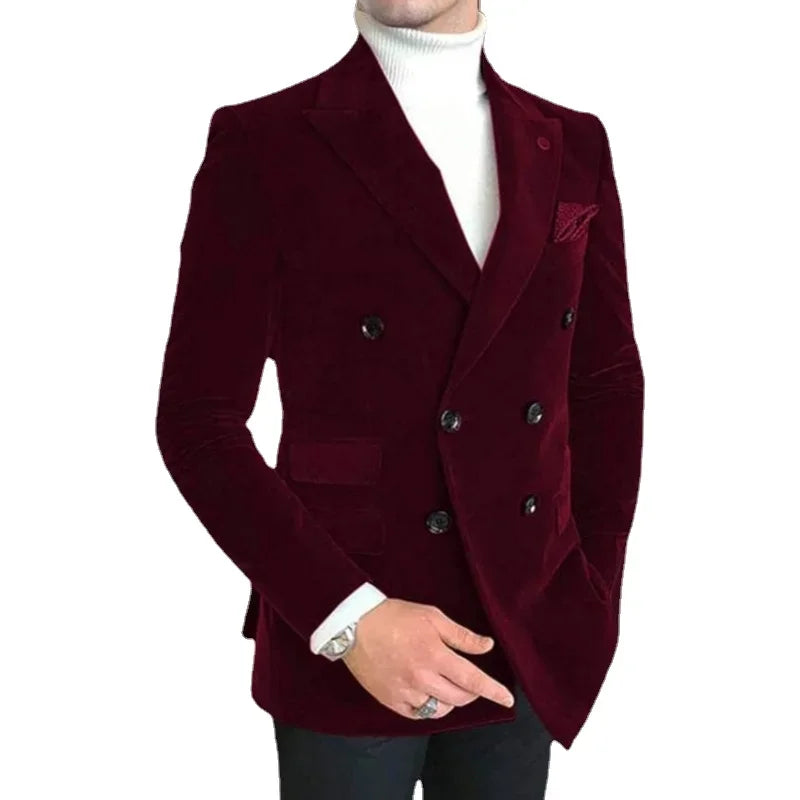 Slim fit Italian style men's velvet suit jacket with peak lapel, double-breasted blazer for formal occasions and weddings.