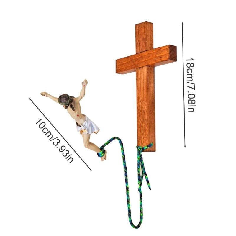 Handmade wooden resin sculpture of Jesus bungee jumping, decorative religious wall art with intricate details and craftsmanship.