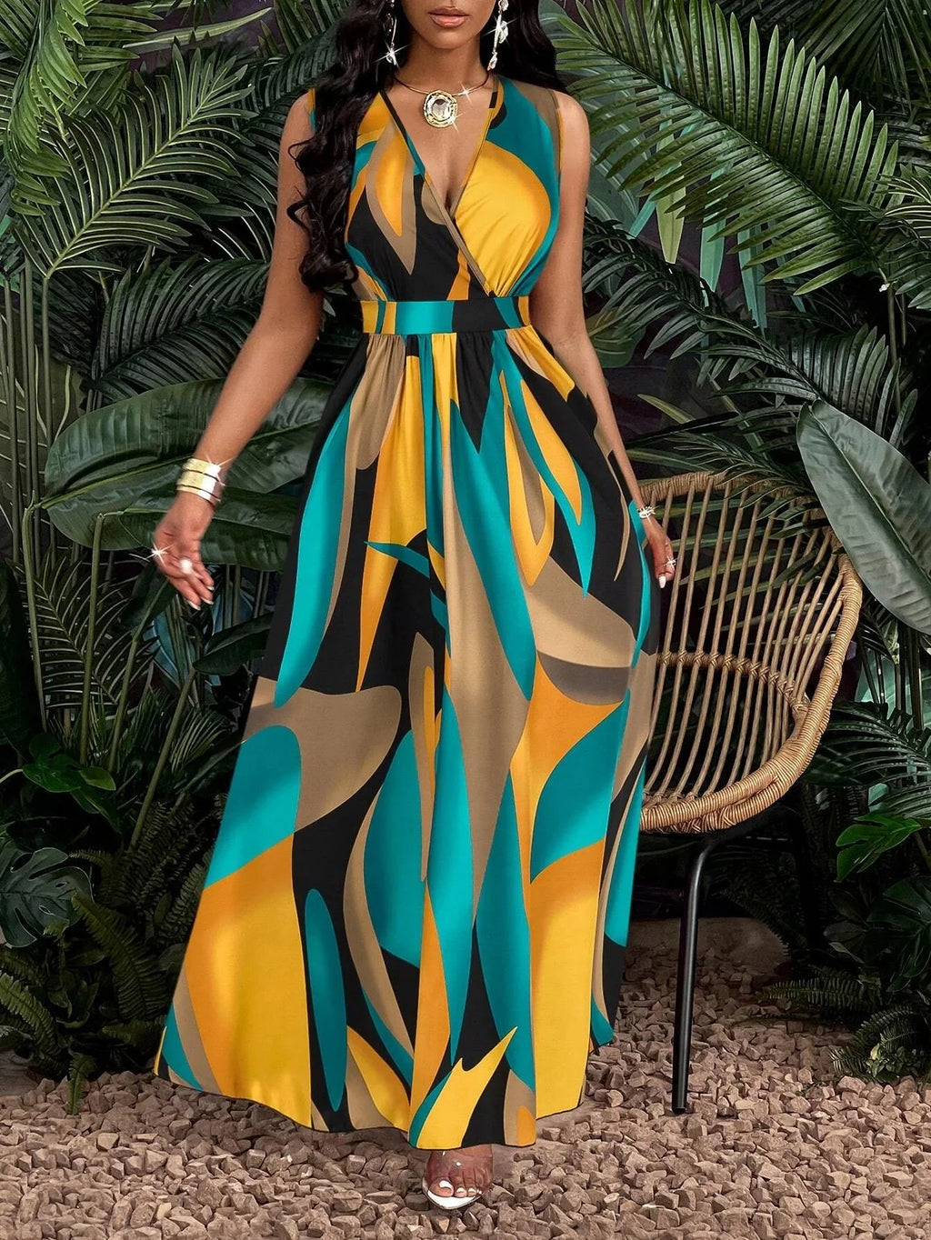 SHOWLU Tropical Print V-Neck Fit and Flare Maxi Dress for Women, vibrant floral pattern, lightweight fabric, and flowing silhouette.