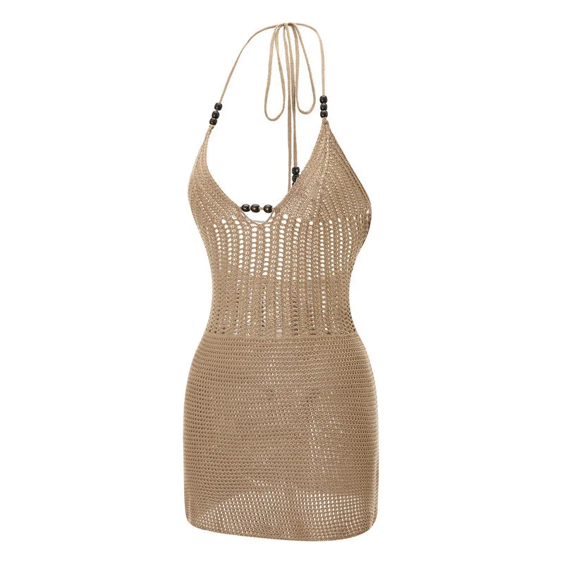 Showlu Fashion Women’s backless halter mini dress with crochet cutout design, perfect for summer beach, casual, or party wear.