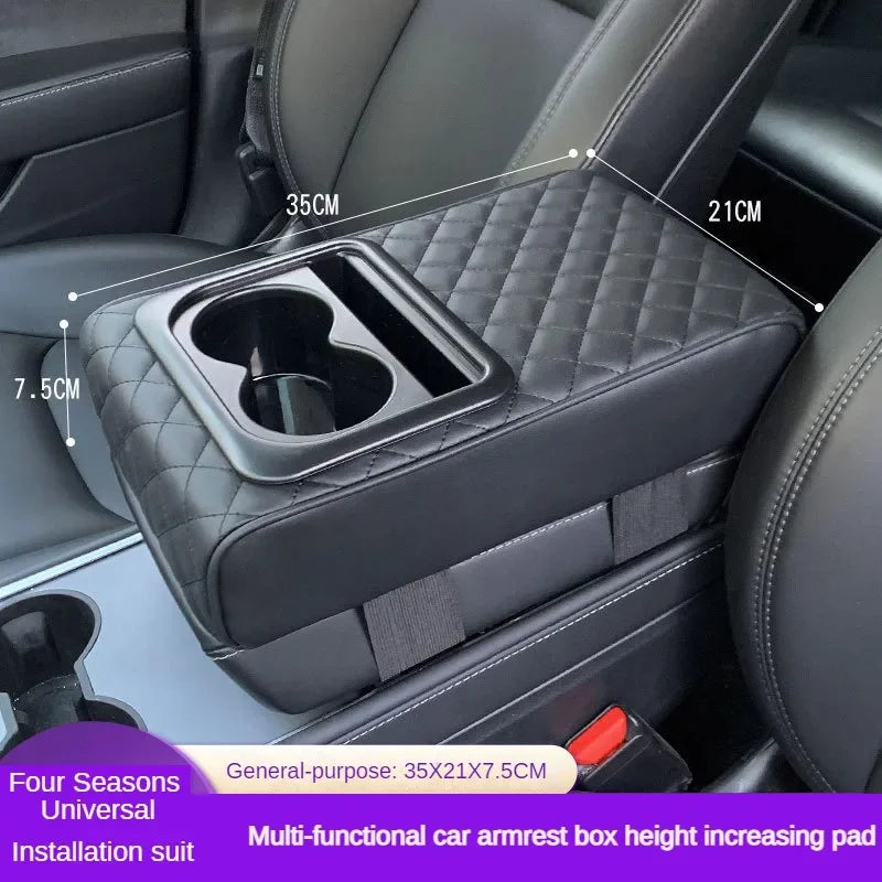 Showlu PU leather car center console armrest cushion with built-in cup holders, designed for comfort and convenience in vehicles