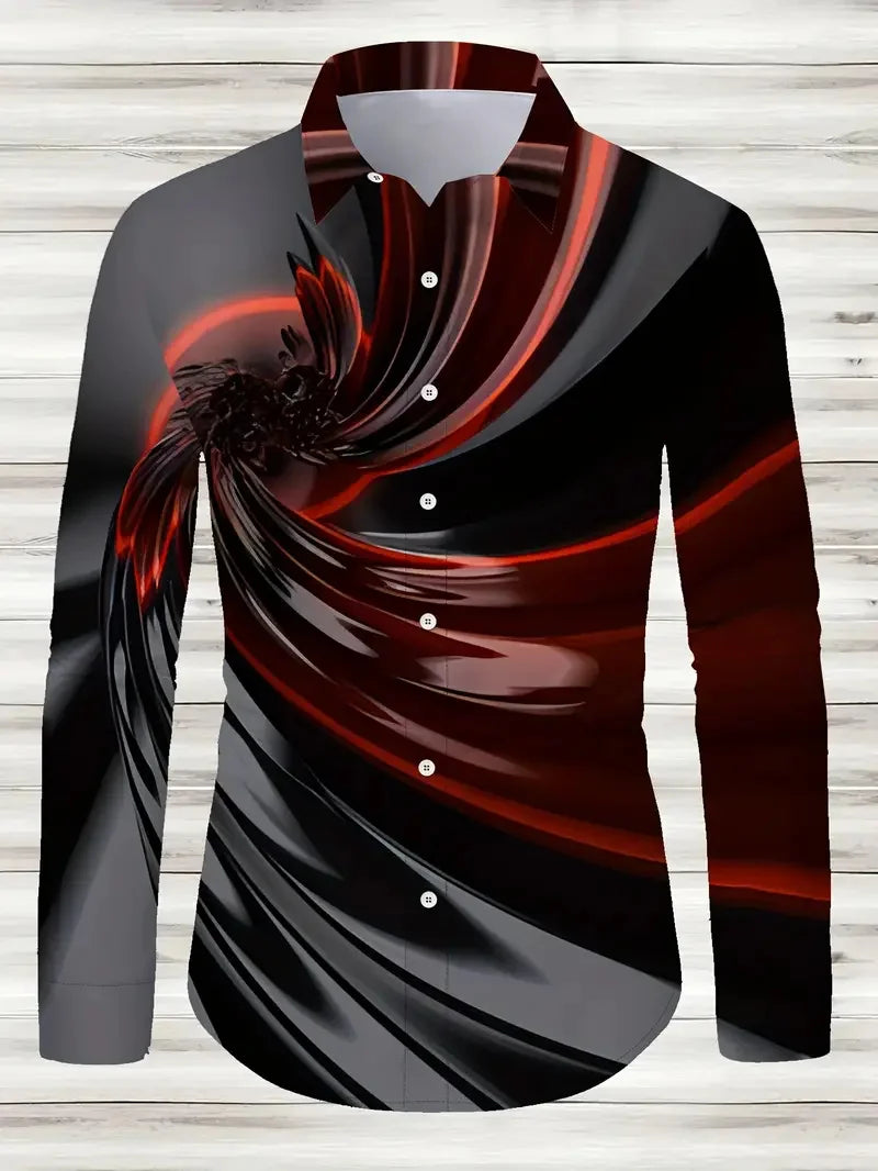 Hawaiian men's long sleeve shirt with 3D printed design, button front, flip-over style, casual streetwear from Showlu Fashion.