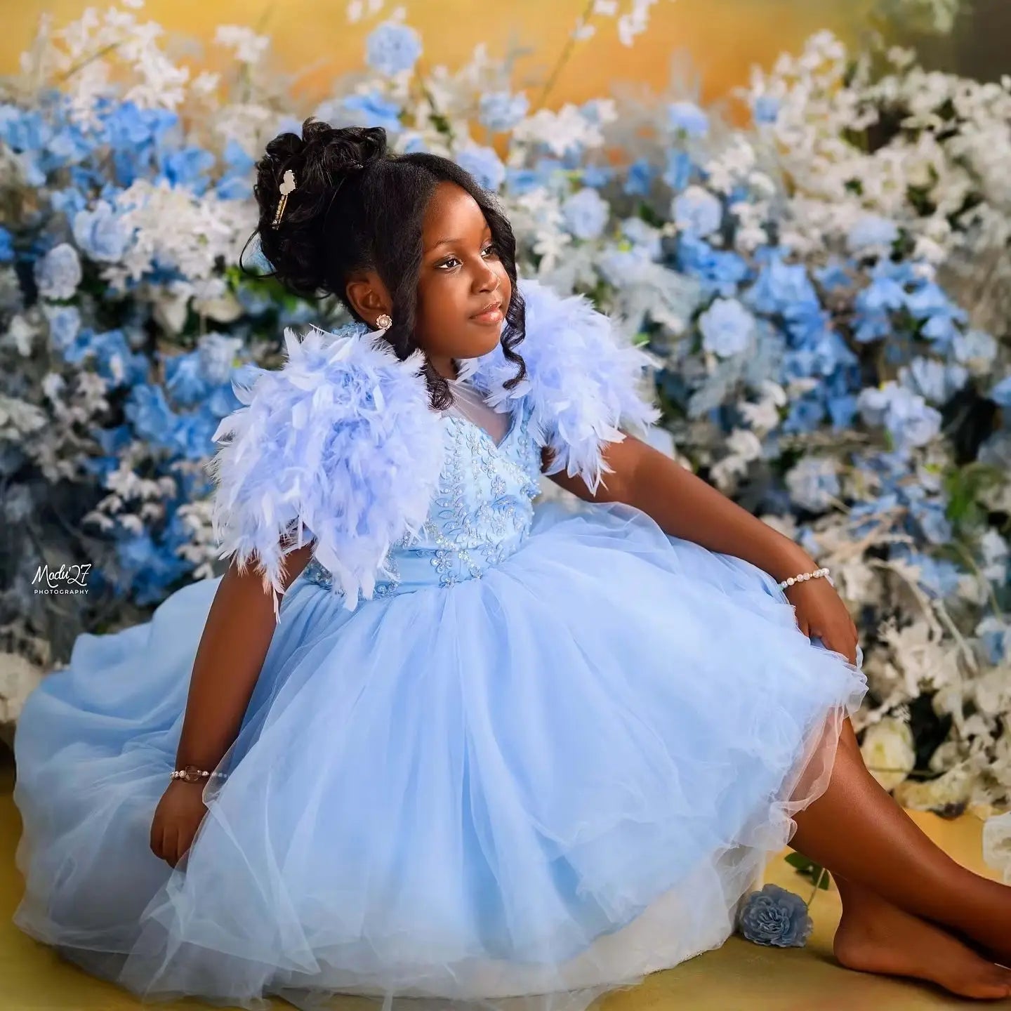 Light Sky Blue Flower Girl Dress Customized Feather Kids Pageant Dresses Luxury Girl Prom Birthday Gown For Photoshoot