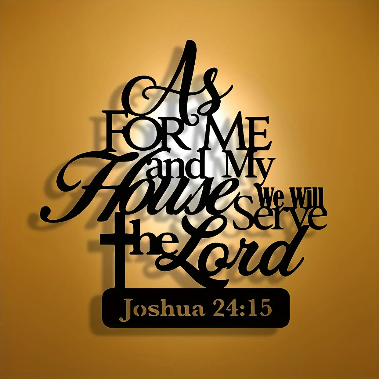 Religious metal wall art featuring "As for me and my house" design, decorative iron decor for home or church interior.