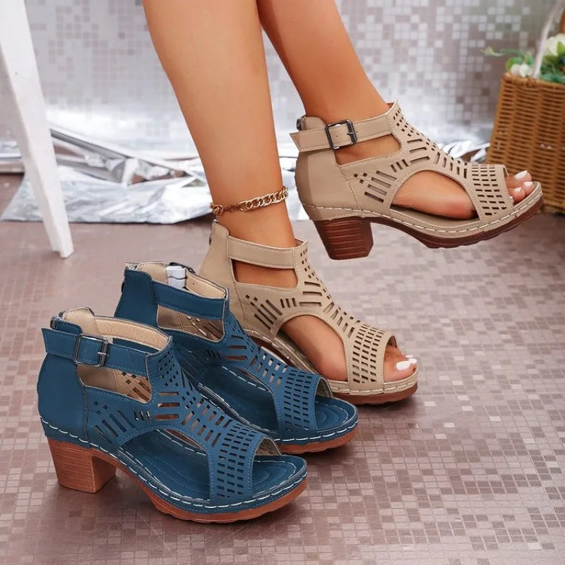 Women high heel Roman hollow lace-up peep toe sandals with chunky heels, trendy fashion footwear by Showlu.