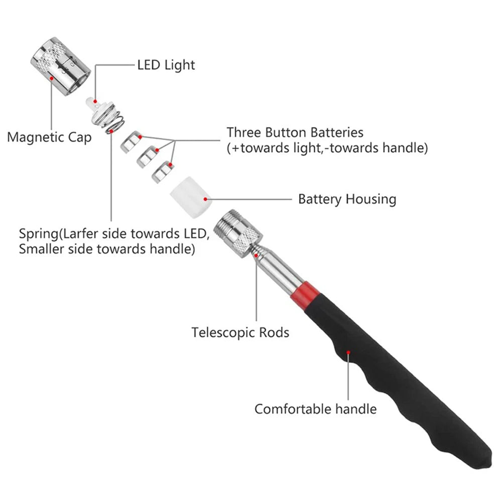 Showlu Smart General telescopic magnetic pickup tool with LED light, featuring an extendable arm and built-in flashlight for retrieving metal objects.