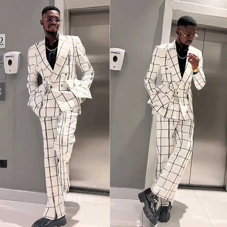 Men's double-breasted check wedding tuxedo by SHOWLU FASHION STORE, featuring a stylish 2-piece suit set with tailored fit.