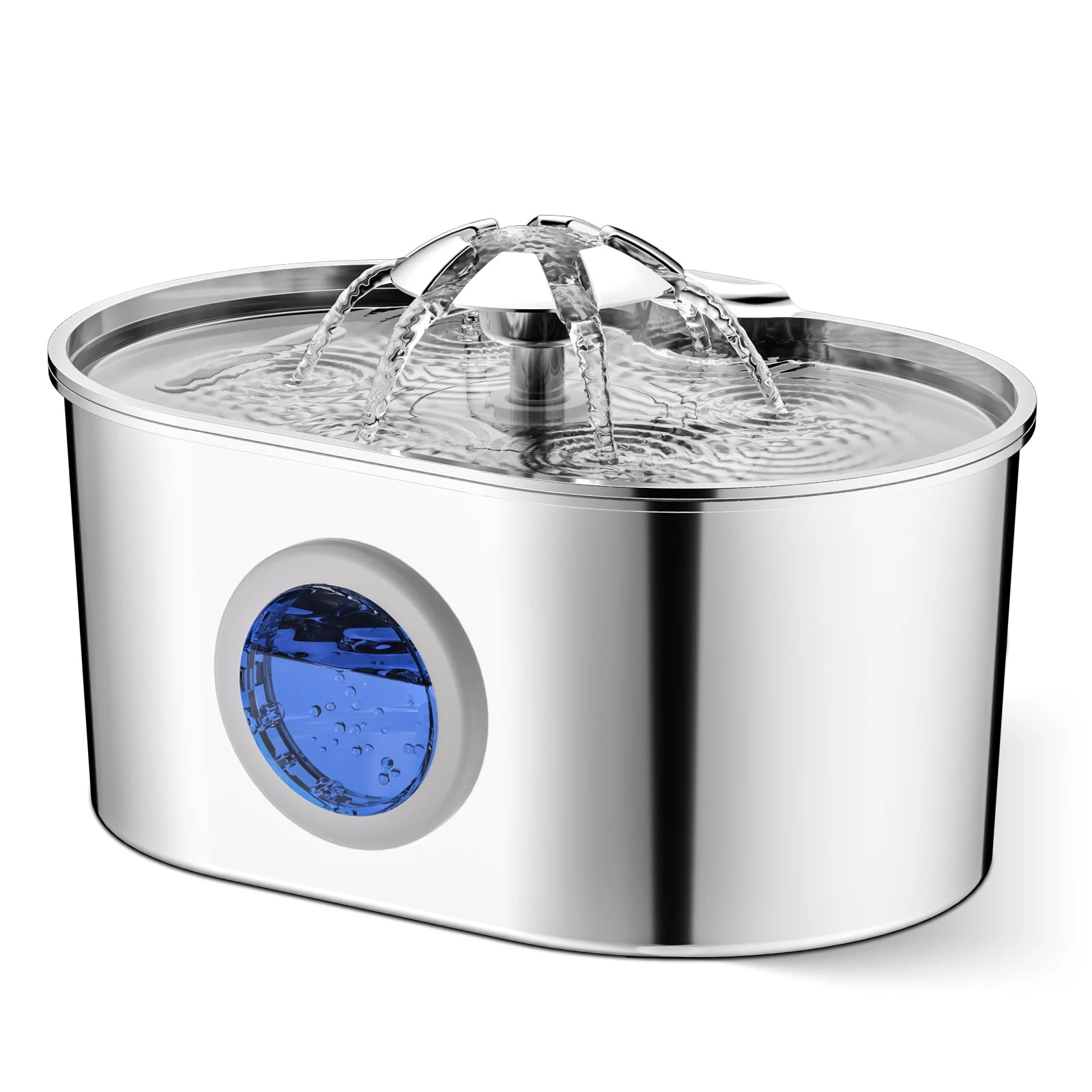 Stainless steel ZKYJ cat water fountain with an ultra-quiet pet dispenser, showing the sleek, modern design and water spout.