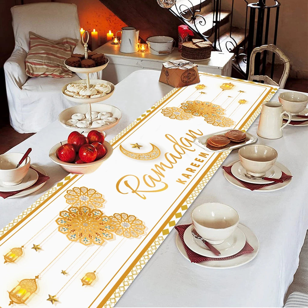 Ramadan decoration table runner with Eid Mubarak and Islamic motifs, perfect for home Eid al-Fitr celebrations and Ramadan decor.