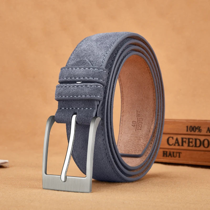 Blue-gray Sude belt with cowskin genuine leather and Oxford fabric strap, featuring a luxury pin buckle for men and women.
