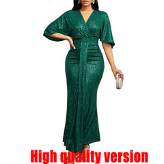 Women Sequin Dress Summer elegant V-Neck Ruffles Short Sleeves Vintage Pencil Pleats Slim Fit Fashion Banquet Cocktail Party