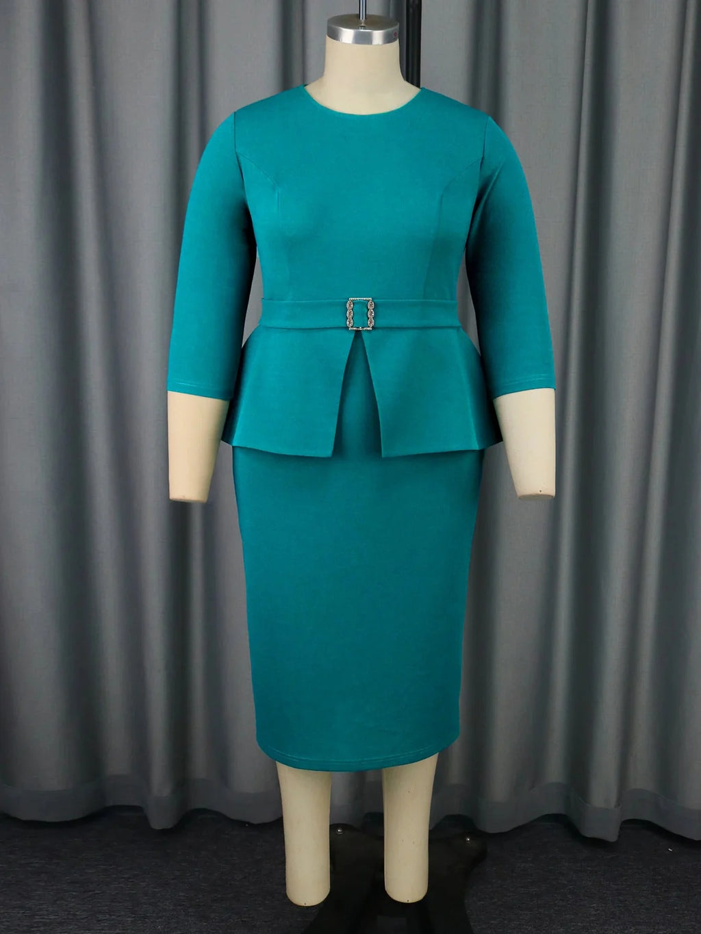 AOMEI Women's long sleeve peplum midi African church dress in vibrant fabric, stylish and elegant for special occasions.
