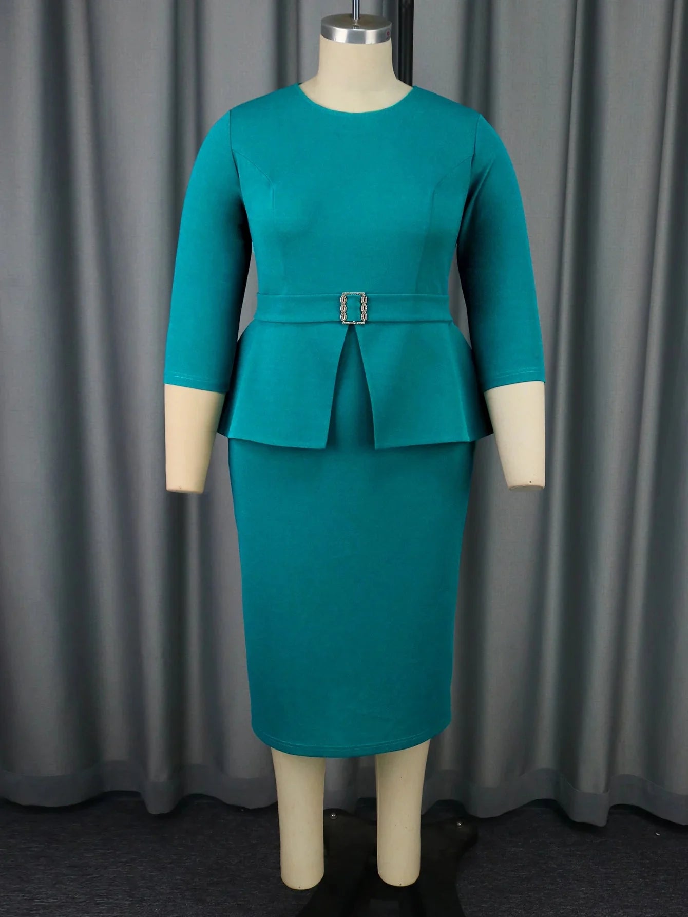 AOMEI Women's long sleeve peplum midi African church dress in vibrant fabric, stylish and elegant for special occasions.