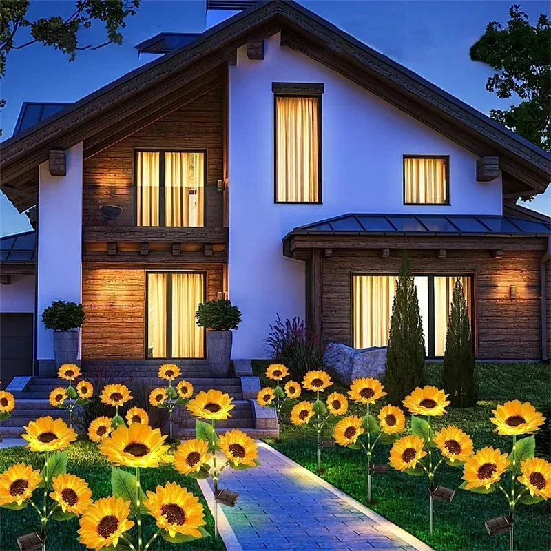 Showlu Smart Solar Sunflower LED garden light with bright yellow sunflower design and solar panel for outdoor illumination.
