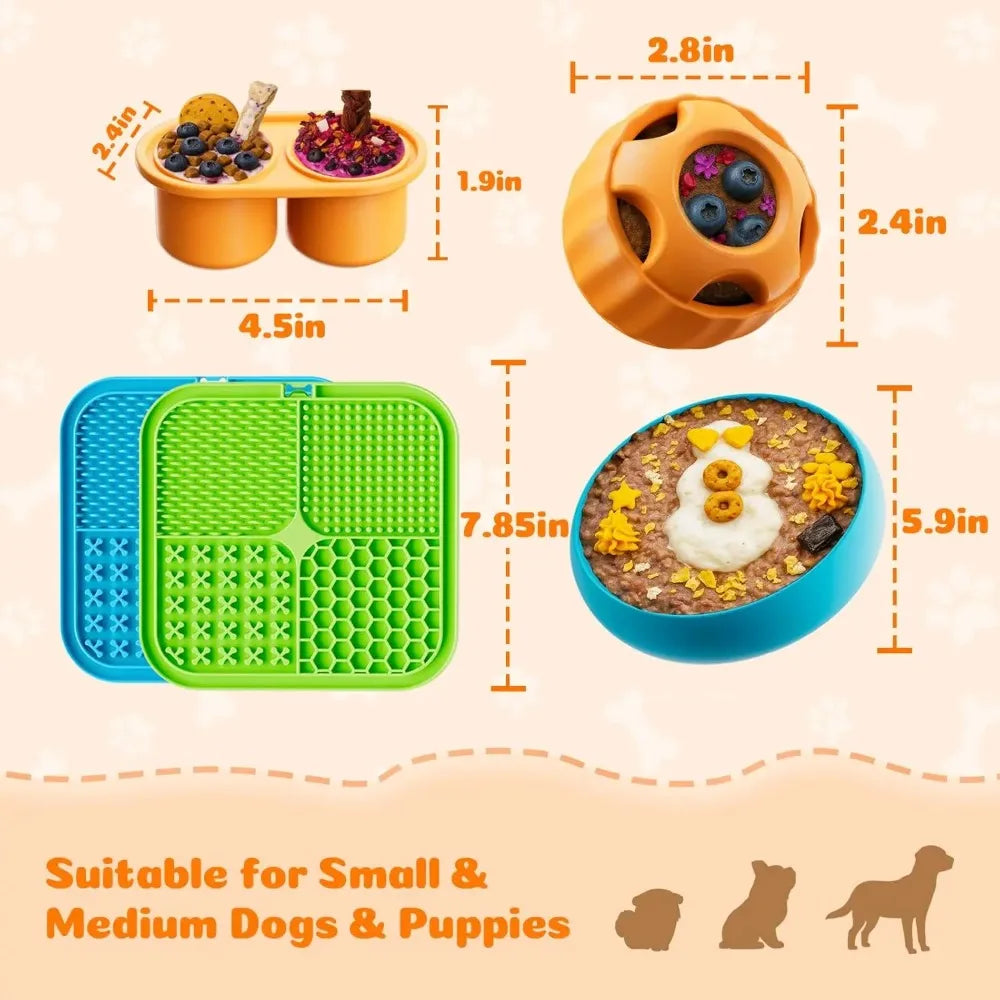Dog enrichment toys set including lick mats, puzzle balls, and bowls for peanut butter treats, anxiety relief, and boredom reduction.